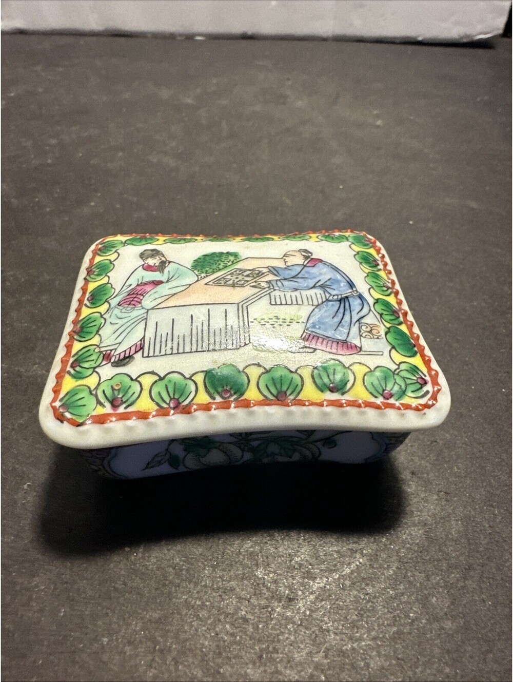 Vintage Made in Macau Porcelain Trinket Box Hand Painted Asian Chinese Style